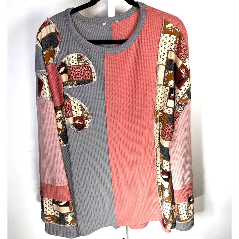 Easel Colorblock Daisy Flower Patchwork Thermal Long Bell Sleeve Sz 3/4X